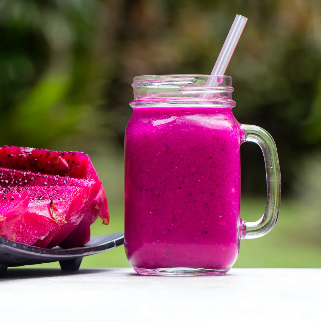 Vibrant dragon fruit smoothie made with Nicaraguan pitahaya purée
