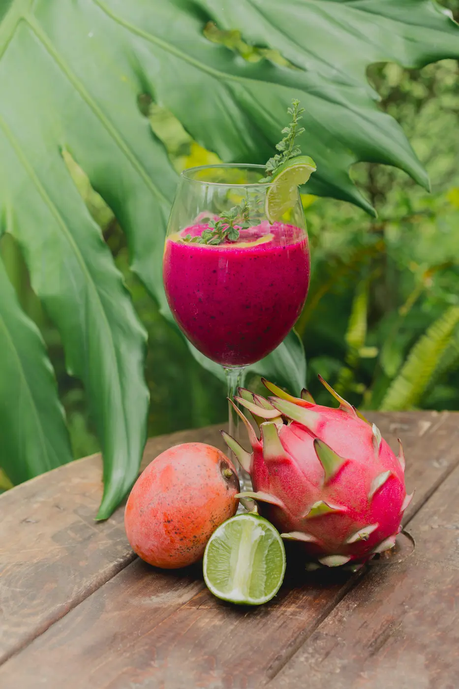 Dragon fruit smoothie photographed with fresh Nicaraguan pitahaya